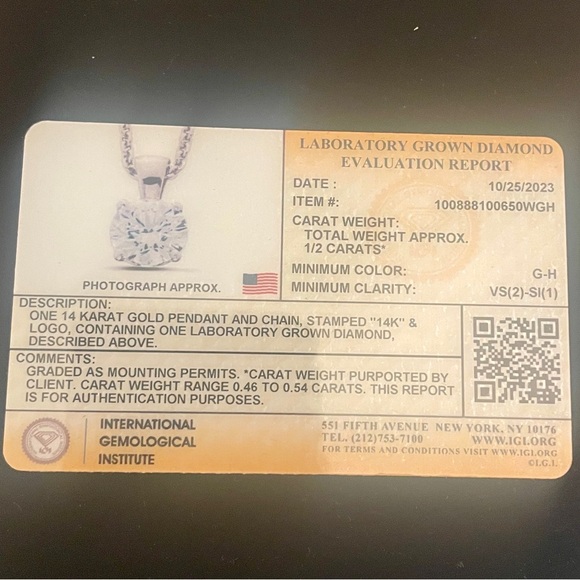 NWT .5 Carat 14K Gold Lab-Grown Diamond Solitaire Pendant. IGI Certified. - Picture 5 of 6